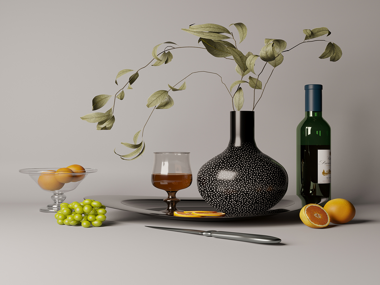 3D модели - Натюрморт с фруктами и коньяком